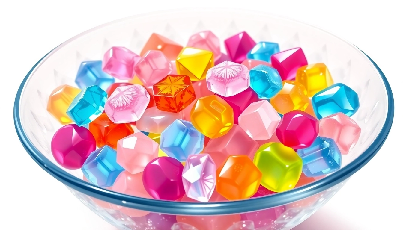 Indulge in the vibrant hues of crystal candy displayed in a sparkling glass bowl.