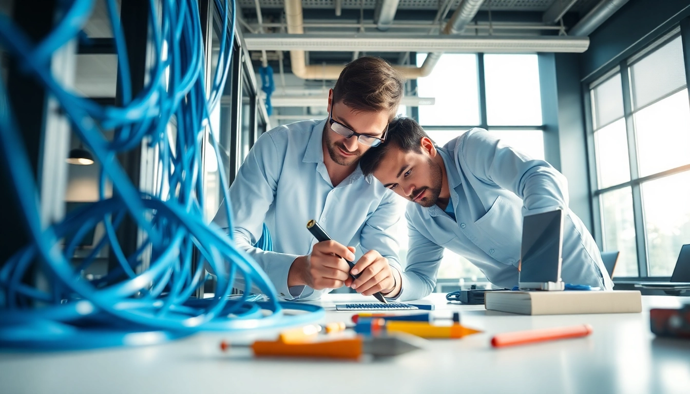 Technician providing Data Cable Installation service in a modern office environment, showcasing professionalism and organization.