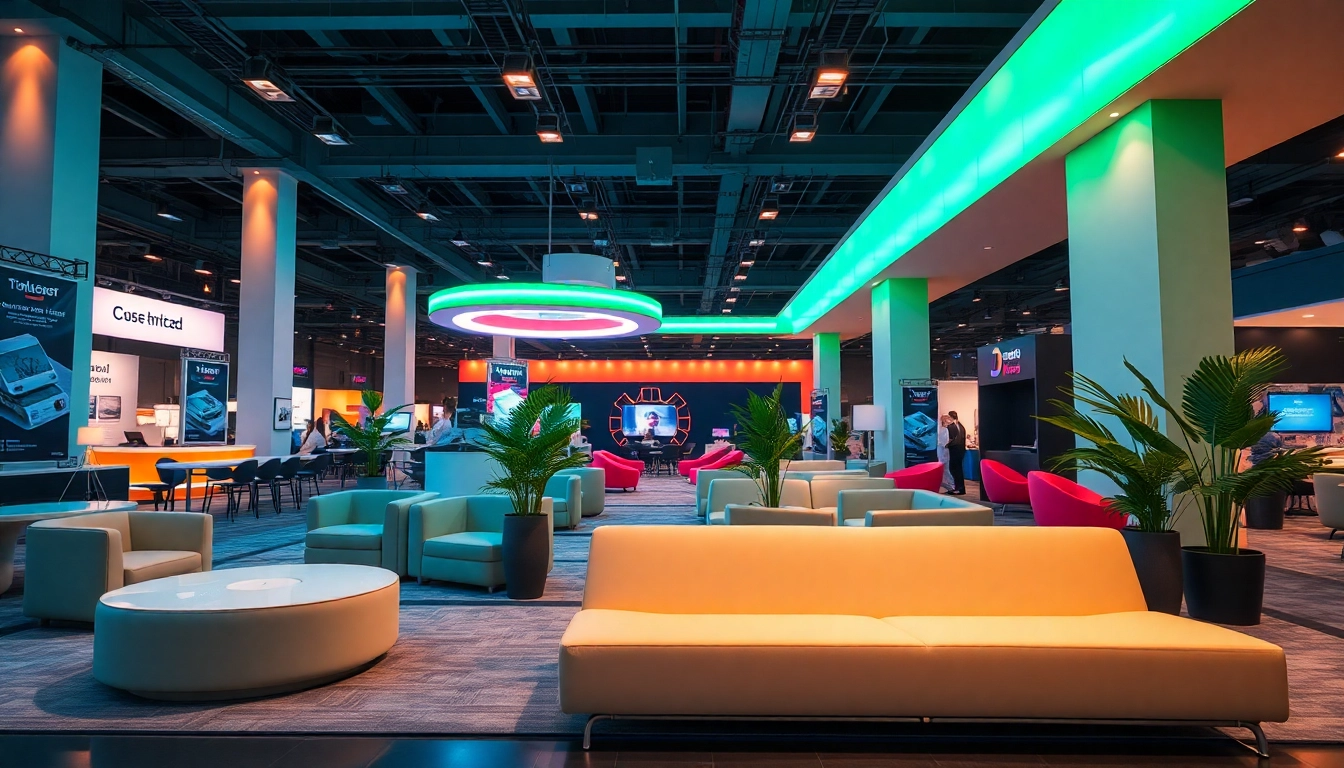 Showcase Dallas trade show furniture in a modern trade booth with inviting lounge seating and vibrant decor.