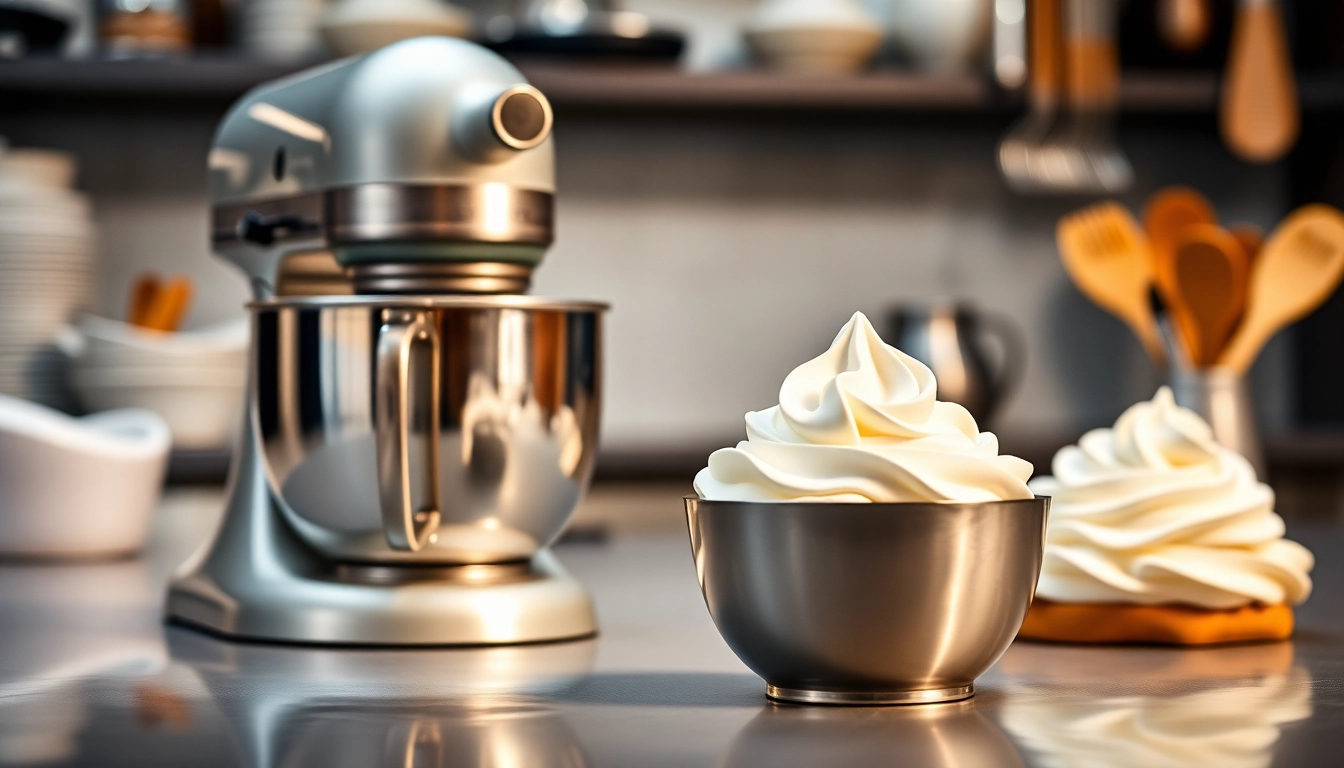 Creating fluffy whipped cream using a cream charger in a bright kitchen setting.