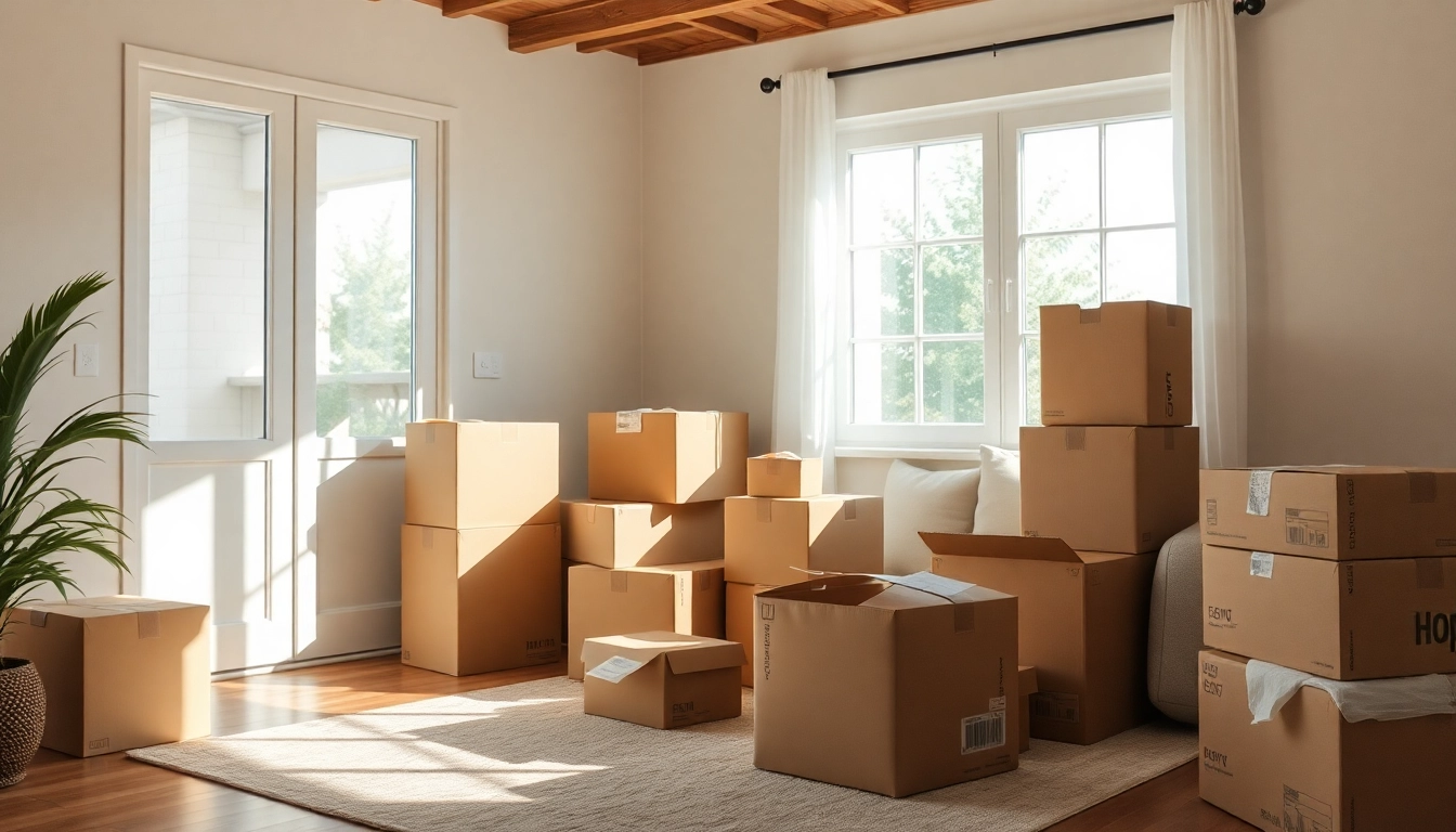 Efficient home removals West Yorkshire featuring neat moving boxes in a cozy living room.