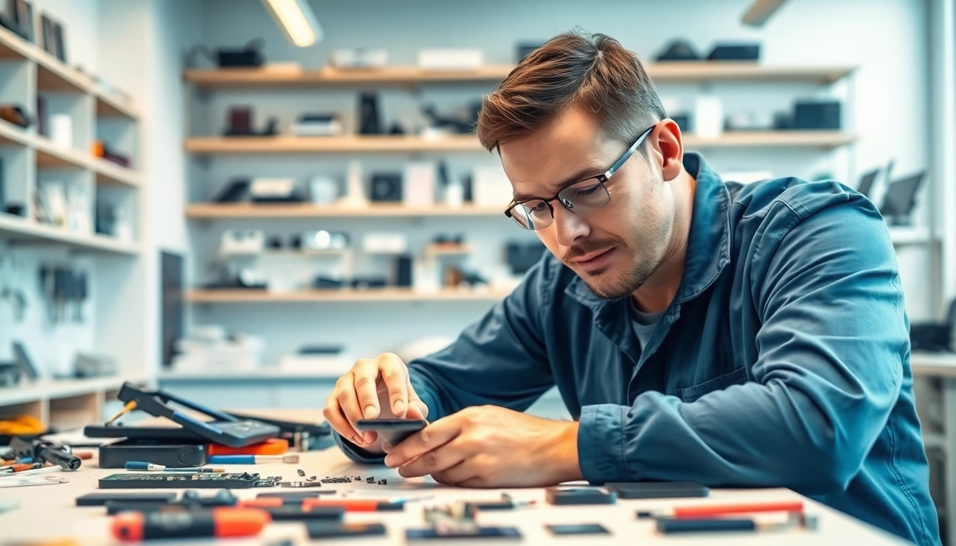 Riparazione cellulari a Torino con un tecnico esperto che ispeziona un dispositivo.