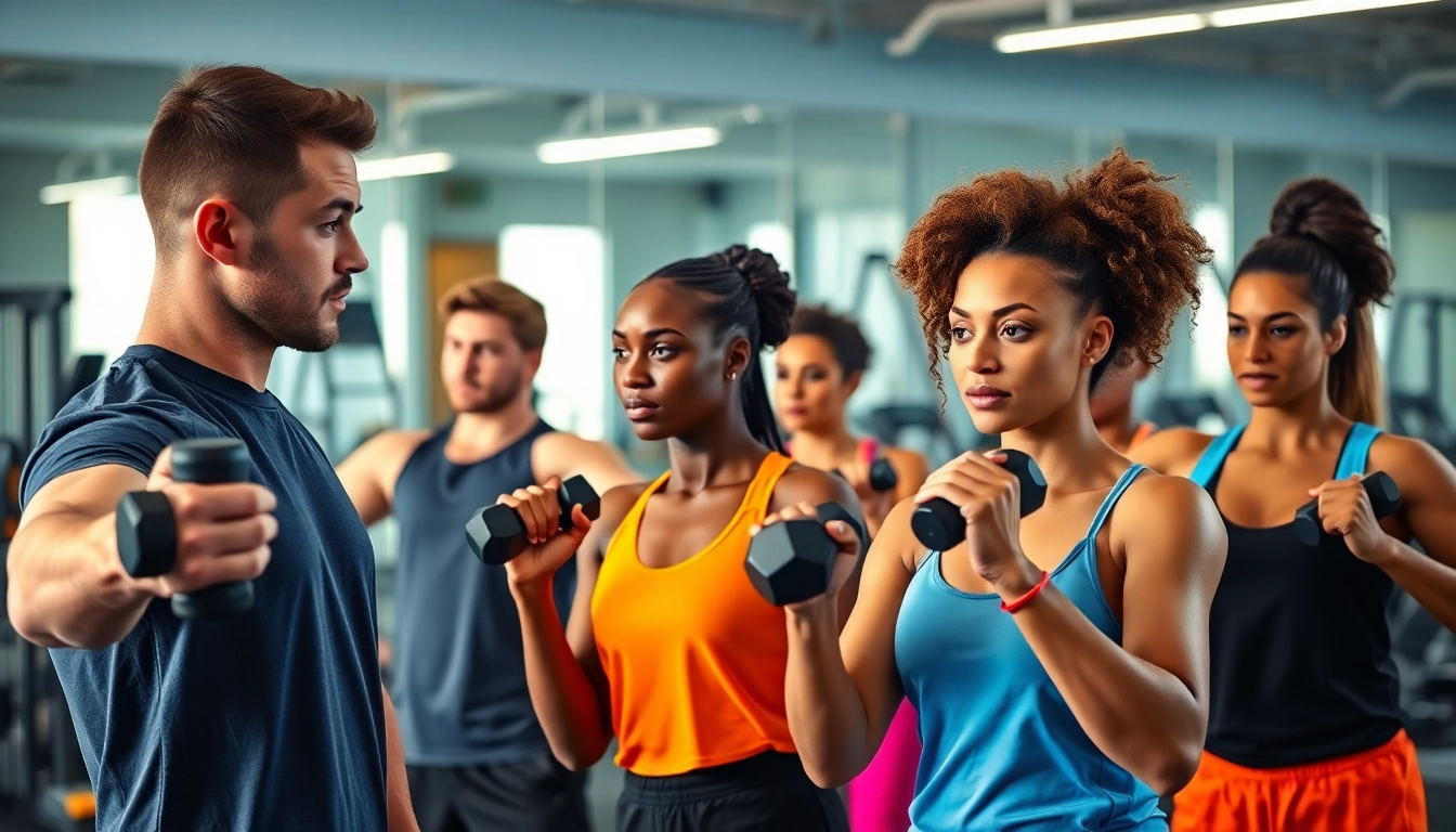 Engaged participants in small group training led by a focused trainer, showcasing teamwork and fitness.