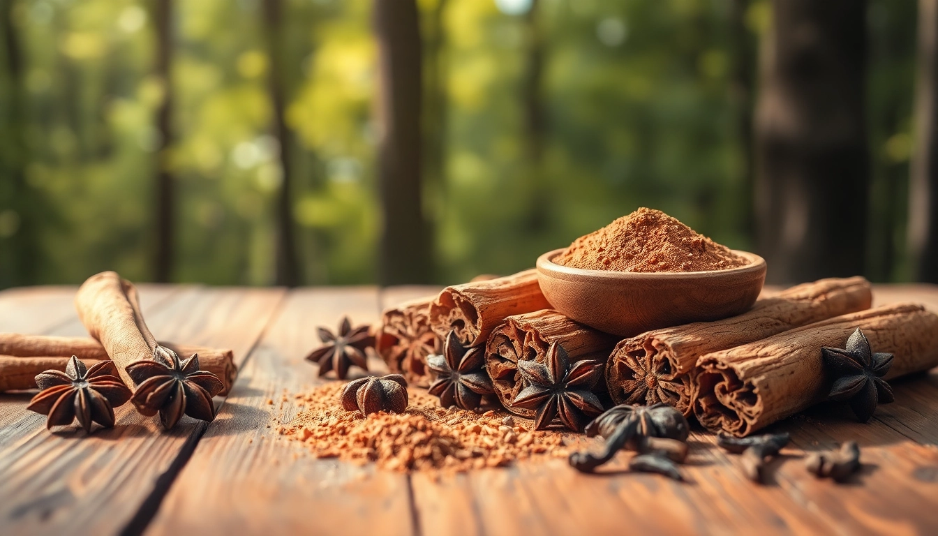 Cinnamon Bark pieces arranged on a wooden table with star anise and cloves enhancing the composition.