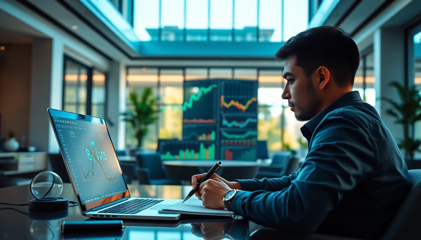 Engaged professional analyzing BasedChadHQ crypto trends on a sleek laptop in a modern office.