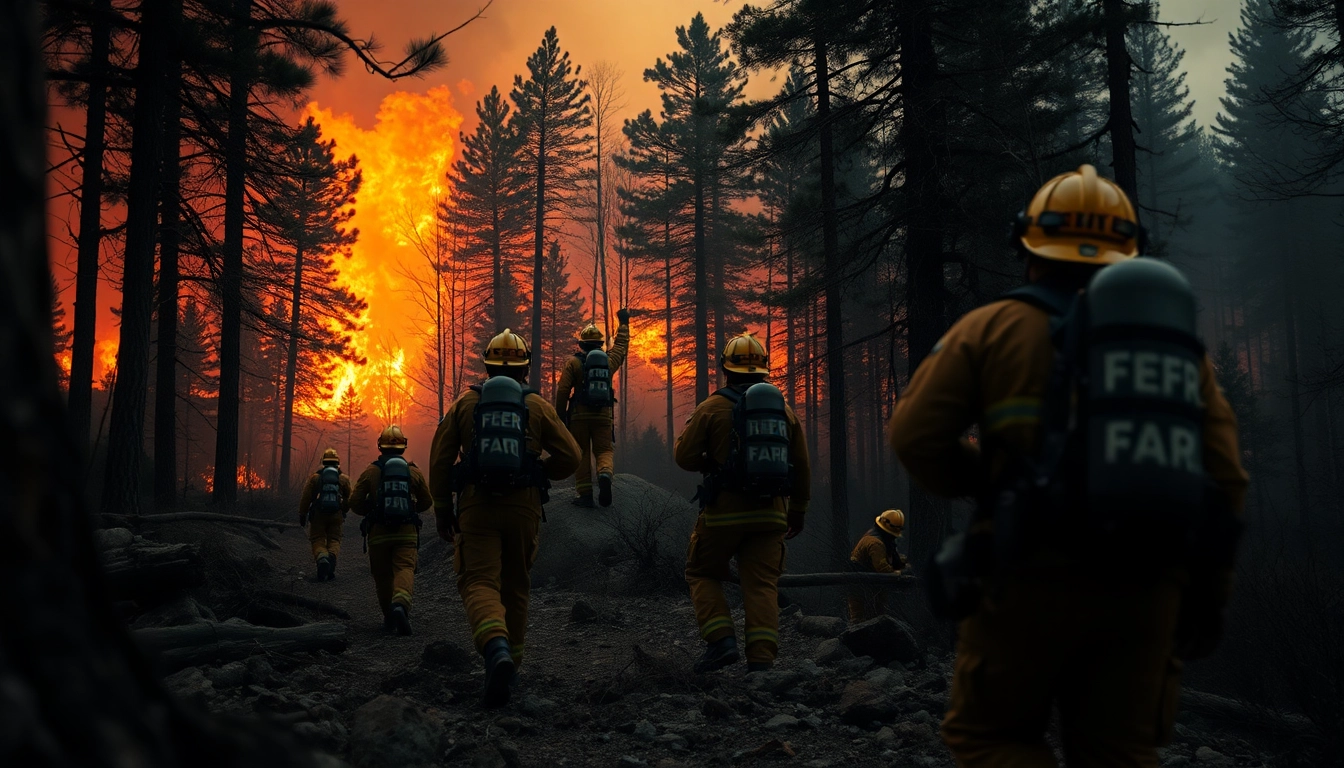 Firefighters combating wildfire events in a forest, showcasing bravery and urgency.