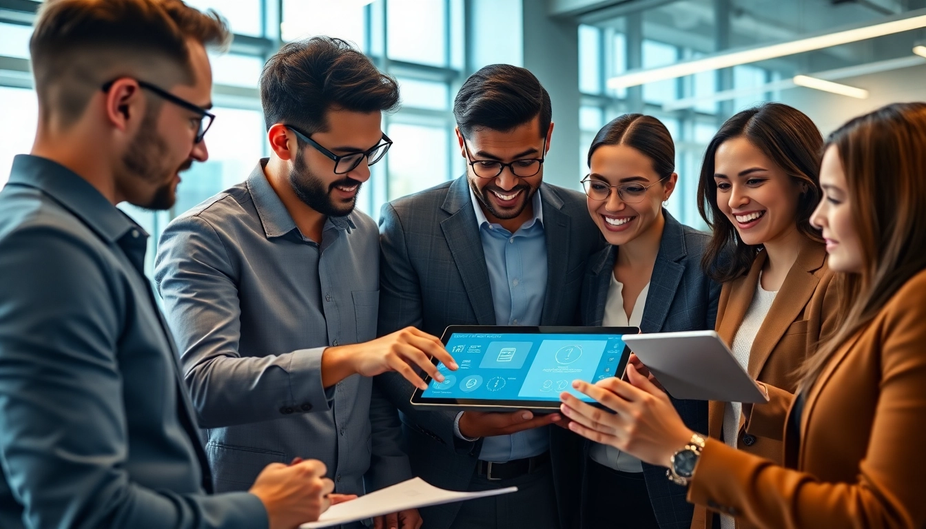 Business team utilizing AI design tools for businesses in a modern office environment, showcasing collaboration.