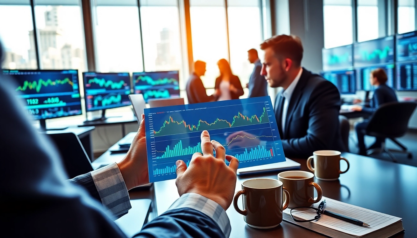 Traders engaging in trade futures analysis with digital tools in a modern office.