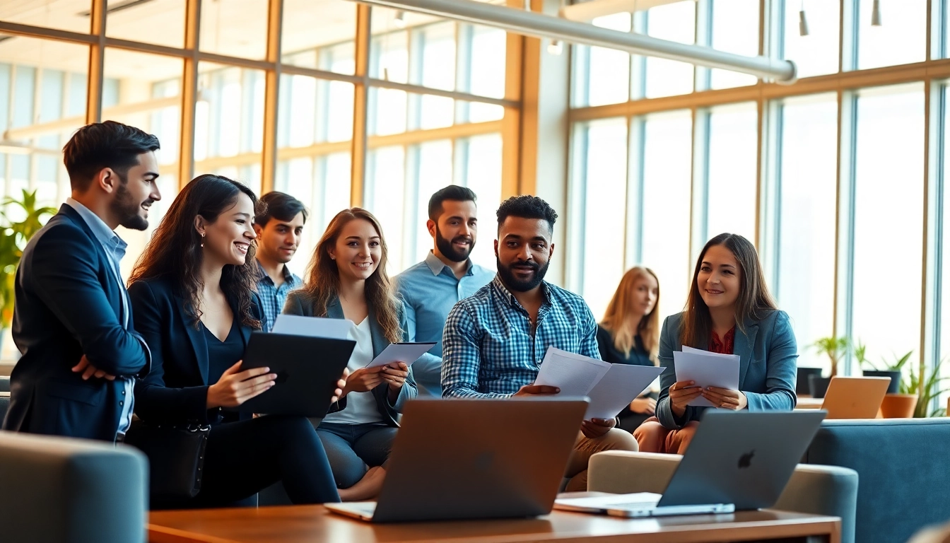 Illustration of startup recruitment process with diverse candidates in an engaging setting.