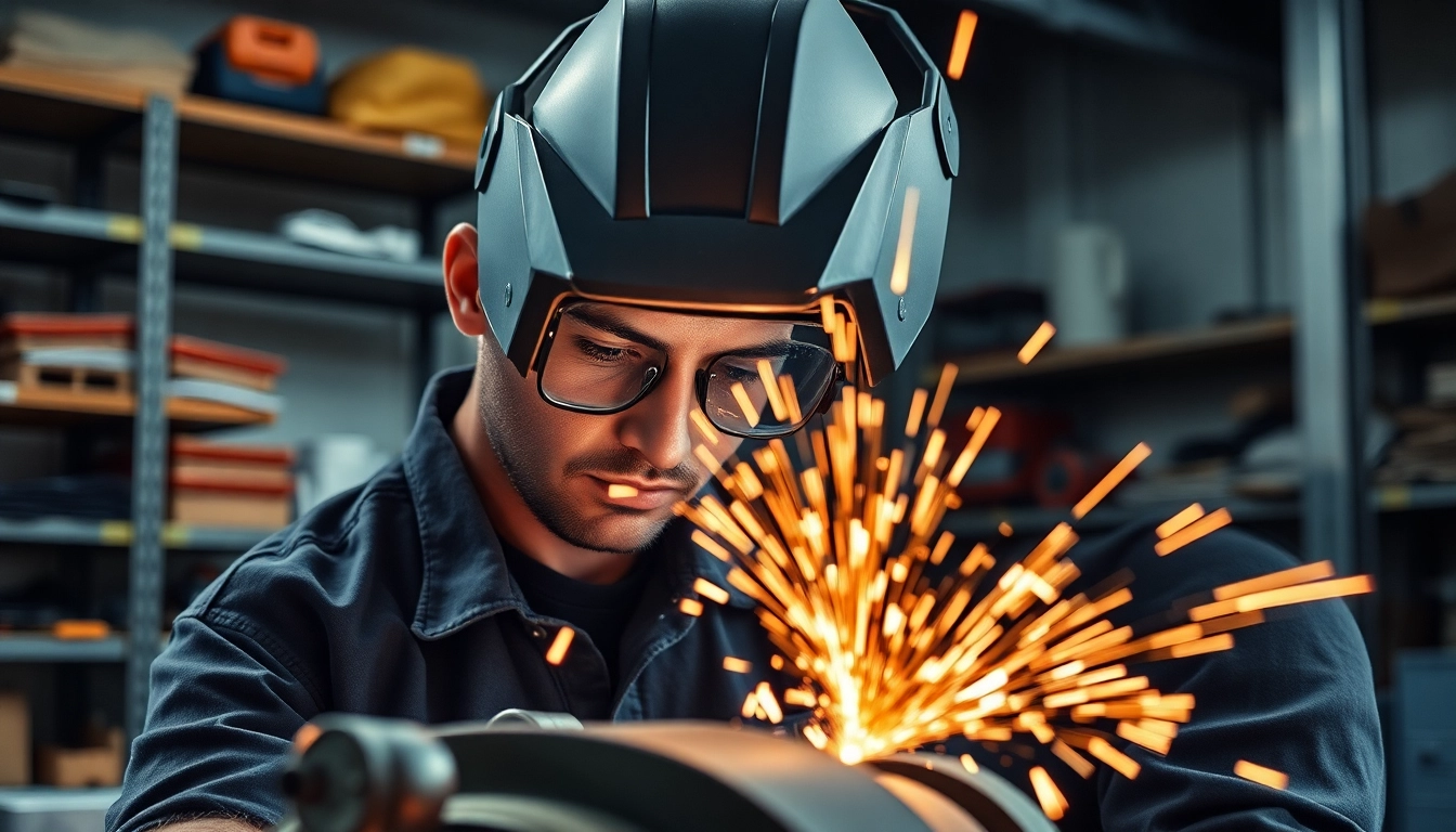 Welder focused on a speedglas welding helmet, creating sparks in a workshop setting.