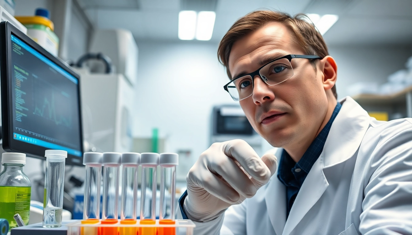 Forensic expert performing a drug impairment test in a clinical lab setting.