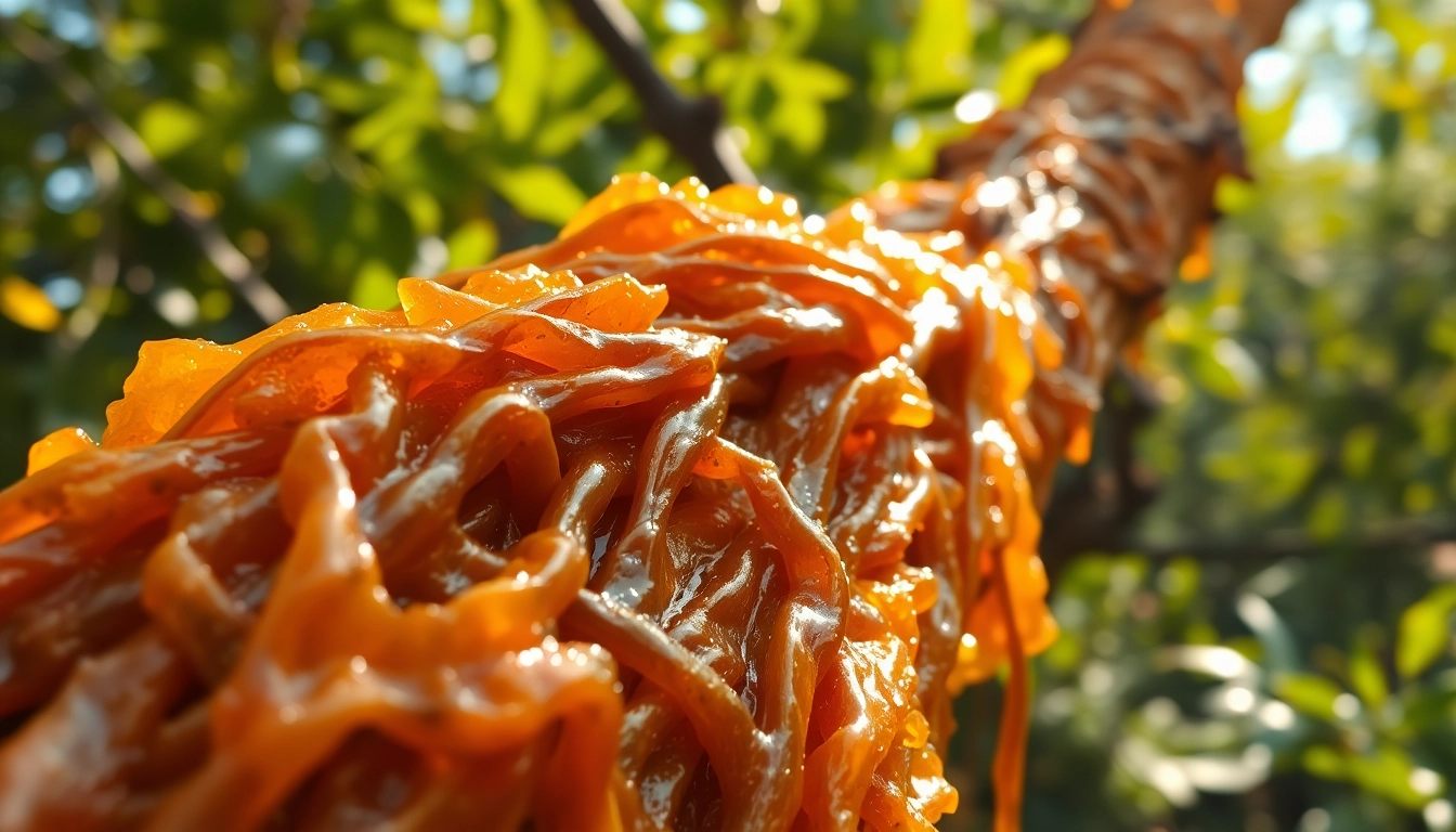 Ressort de myrrhe récolté sur un arbre Commiphora dans une forêt rayonnante.