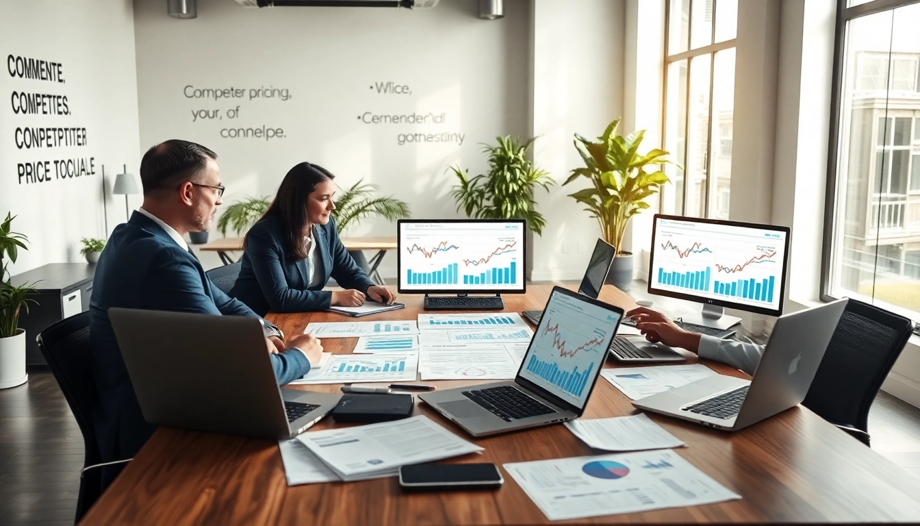 Conducting competitor pricing research with team analysis in a modern office setting.