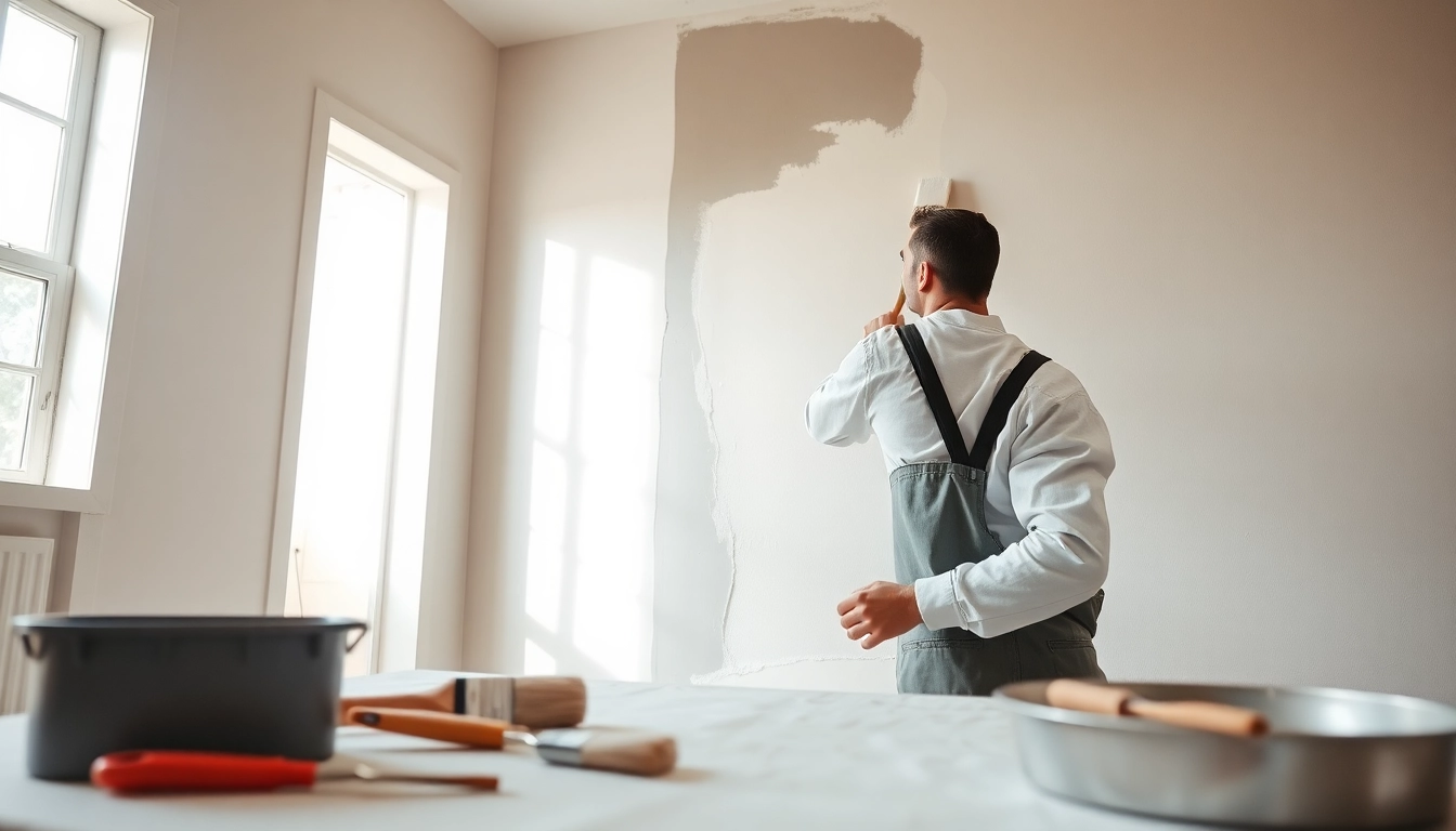 Drywall painting process with a painter applying the first coat of paint.