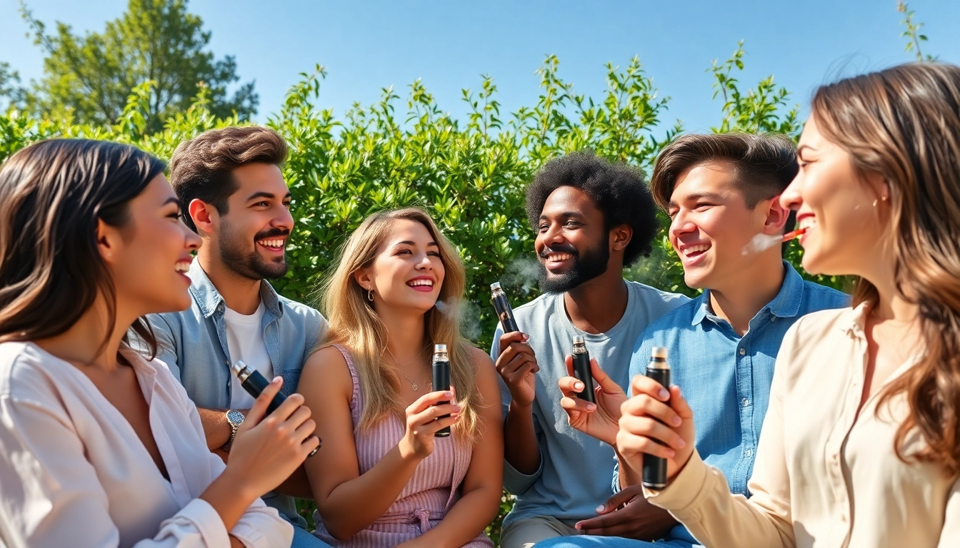 Enjoy healthy vapes in a vibrant outdoor setting with friends, reflecting a sense of community.