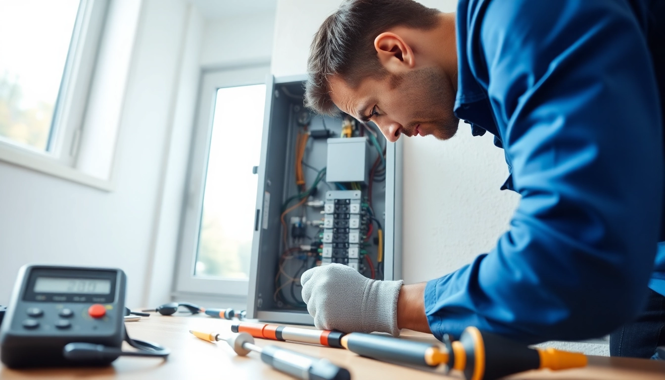 Electrician performing an Electrical Panel Upgrade in a modern home, showcasing detailed installation work.