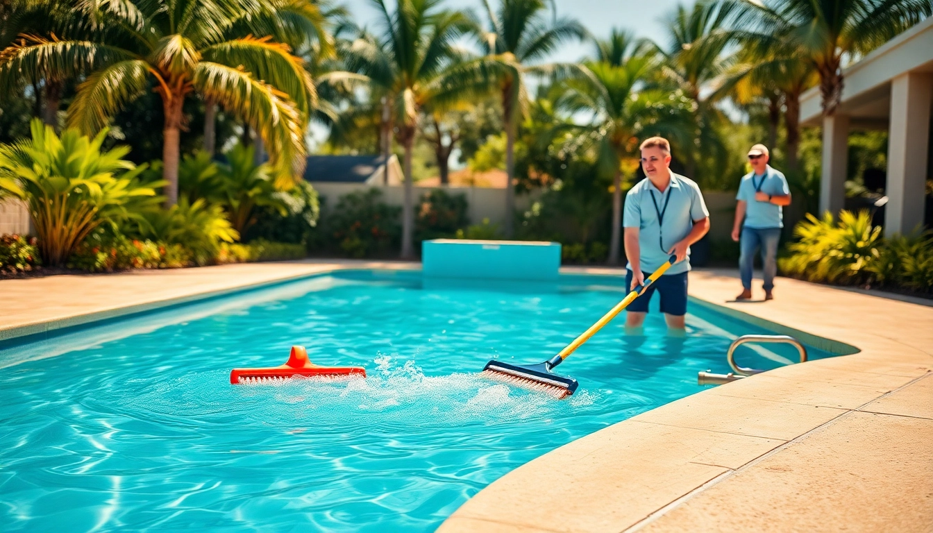 Performing pool service Largo, Florida, with technicians expertly cleaning a residential swimming pool.
