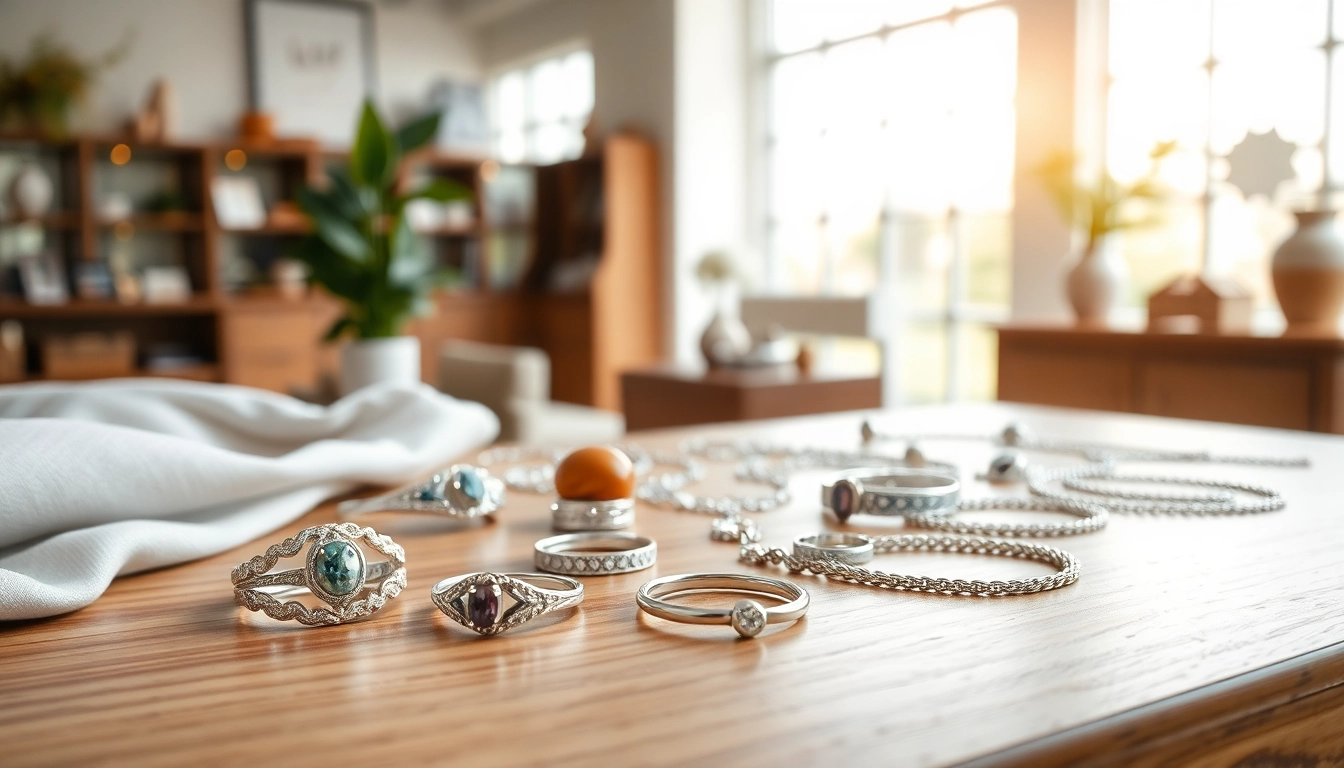 Showcase of elegant silver jewelry, highlighting rings, necklaces, and bracelets.