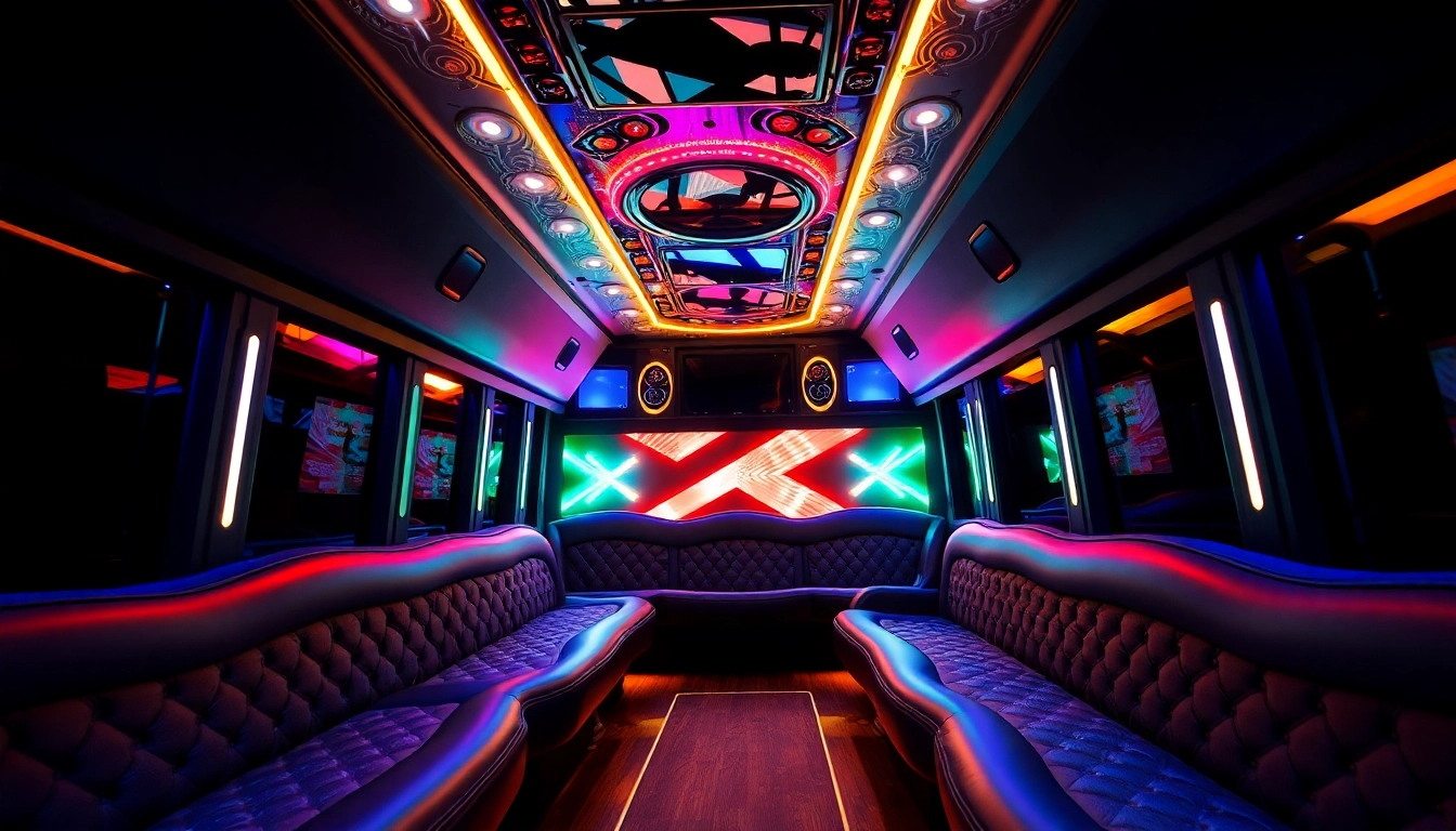 Experience the spacious interior of an Atlanta party bus, featuring plush seating and vibrant lights for a luxurious ride.