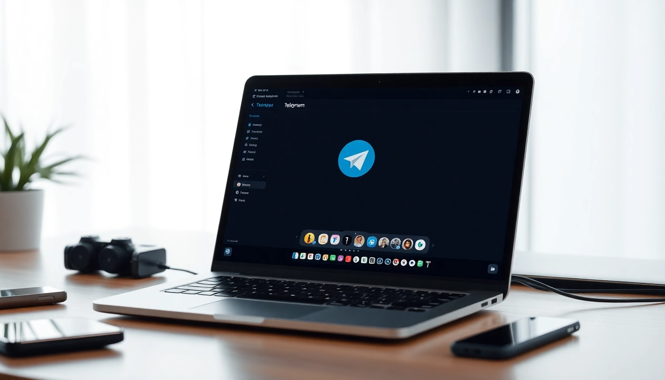 Download telegram电脑下载 on a laptop showcasing a modern interface in a bright workspace.