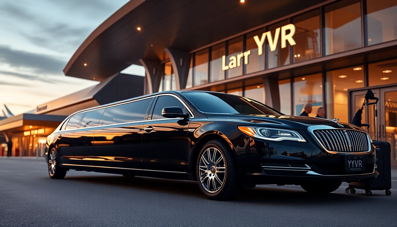 Limo service Vancouver Airport showcased with a luxurious limousine at YVR entrance, welcoming travelers.