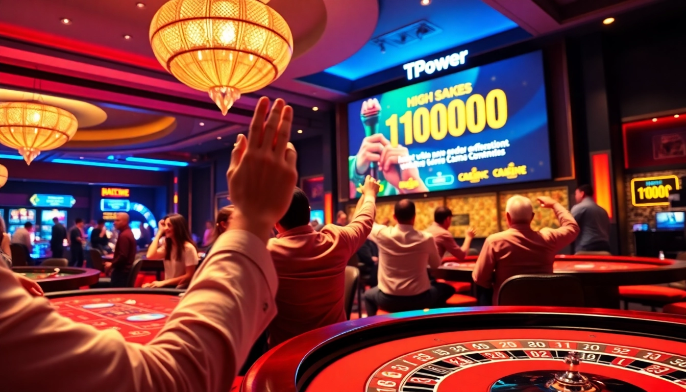 Engaging scene of TPower casino with players celebrating at gaming tables, showcasing excitement and energy.