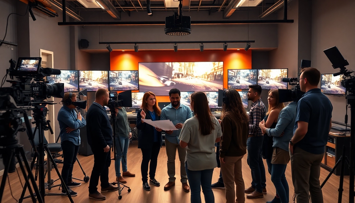 Capture a professional video production edmonton team's creative collaboration in a vibrant studio setting.