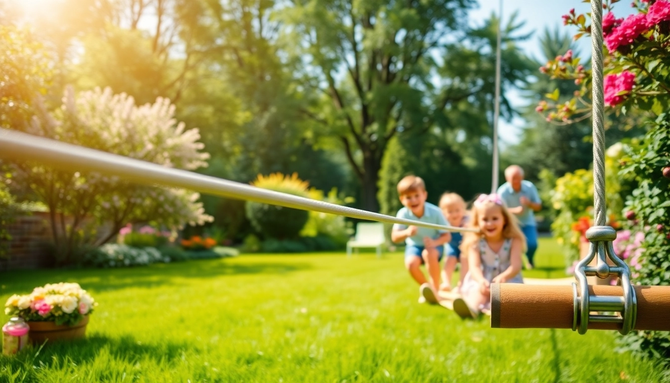 Enjoying the GARDEN ZIP WIRE KIT in a vibrant garden setting with family support.