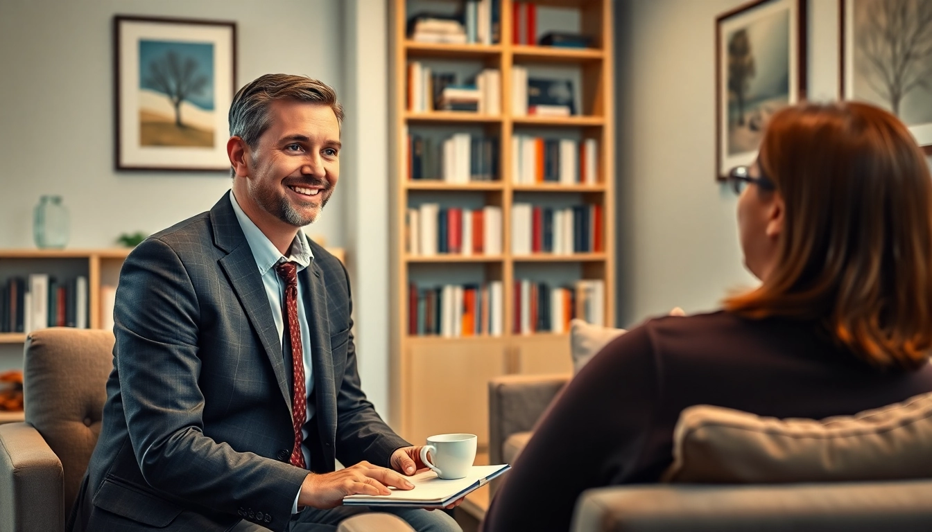 Attachment theory coach in a cozy office helping a client understand their emotional patterns.