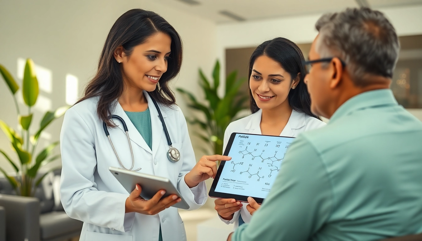 Engaging doctor explaining Peptide Therapy benefits to a patient in a modern clinic.