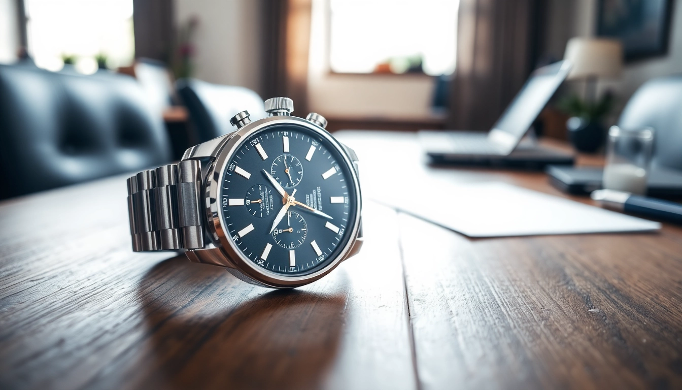 Herren Armbanduhren mit elegantem Design auf einem Holzschreibtisch inszeniert.