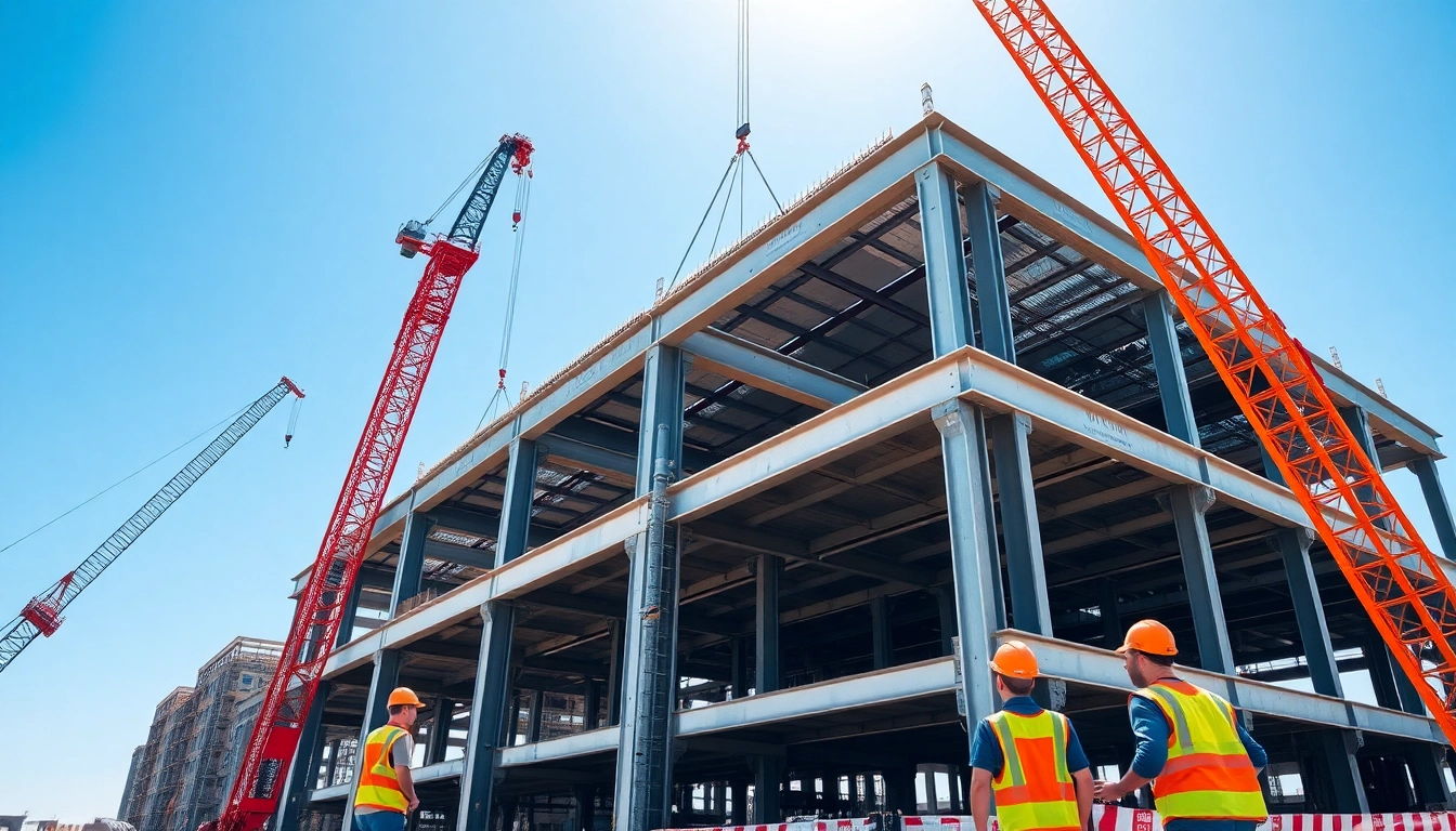 Showcase structural steel construction with cranes and workers at a bustling construction site.