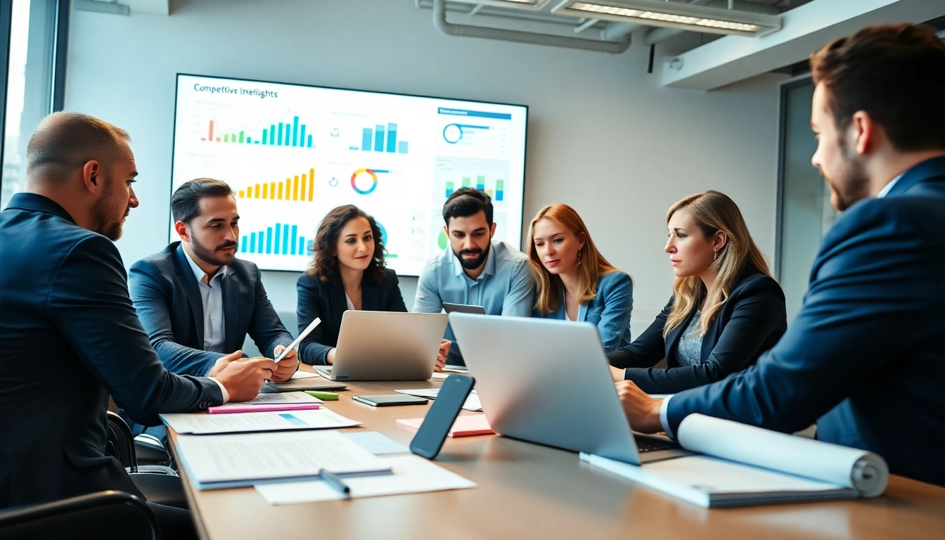 Sales team discussing competitive intelligence for sales strategies in a modern office.