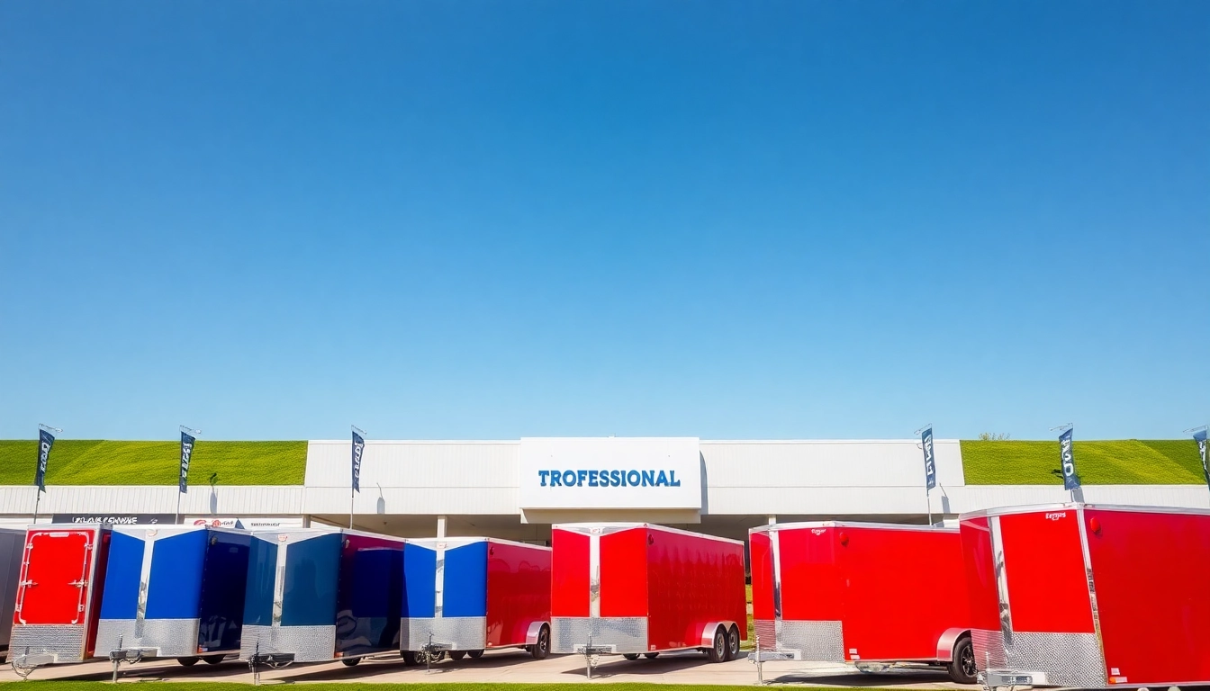 Find trailers near me showcased in a vibrant dealership with bright colors and sunny atmosphere.