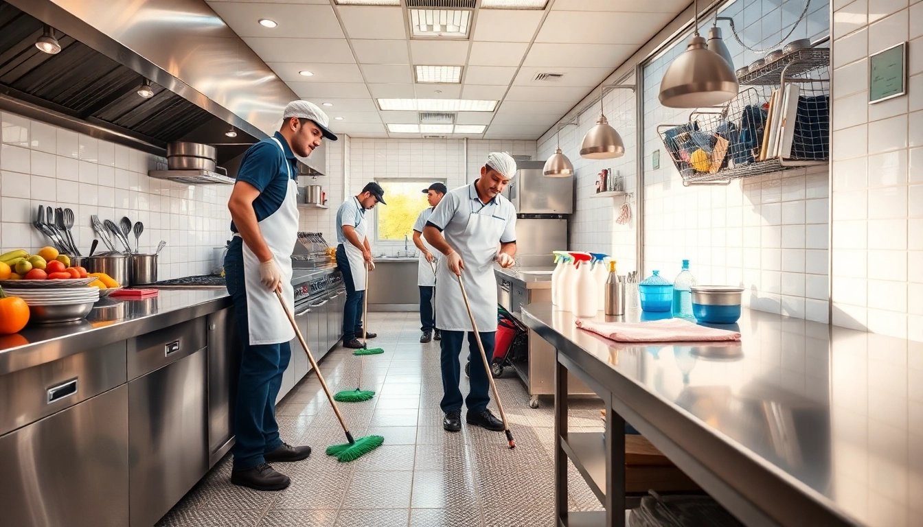 Ensuring a spotless Restaurant Janitorial Cleaning service performed by dedicated kitchen staff in an active restaurant.