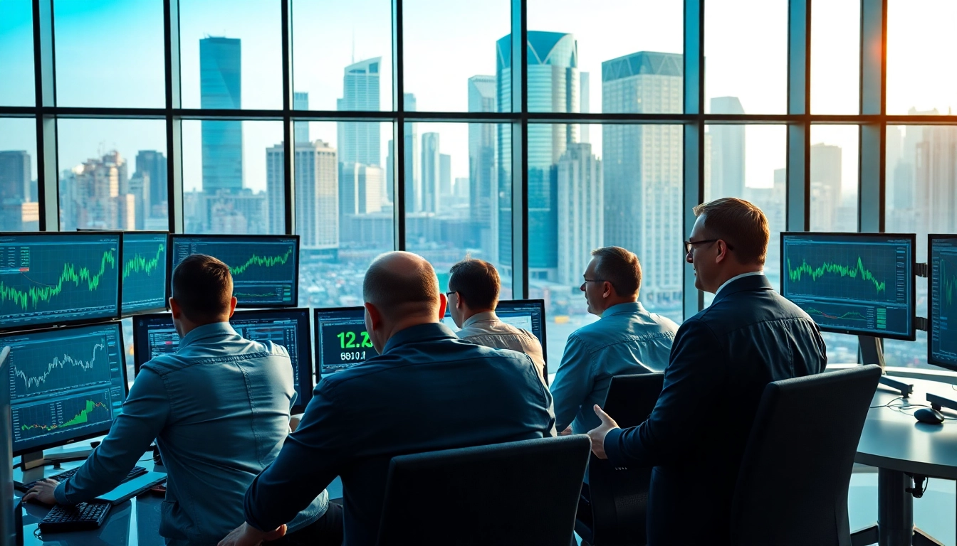 Collaborative atmosphere of a trading network with traders analyzing data on screens.