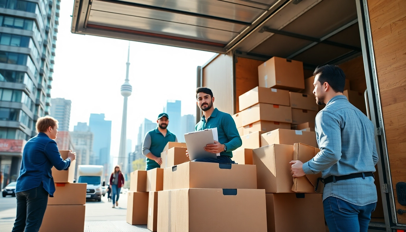 Efficient team from moving company Toronto packing a truck against Toronto skyline, showcasing professional moving services.