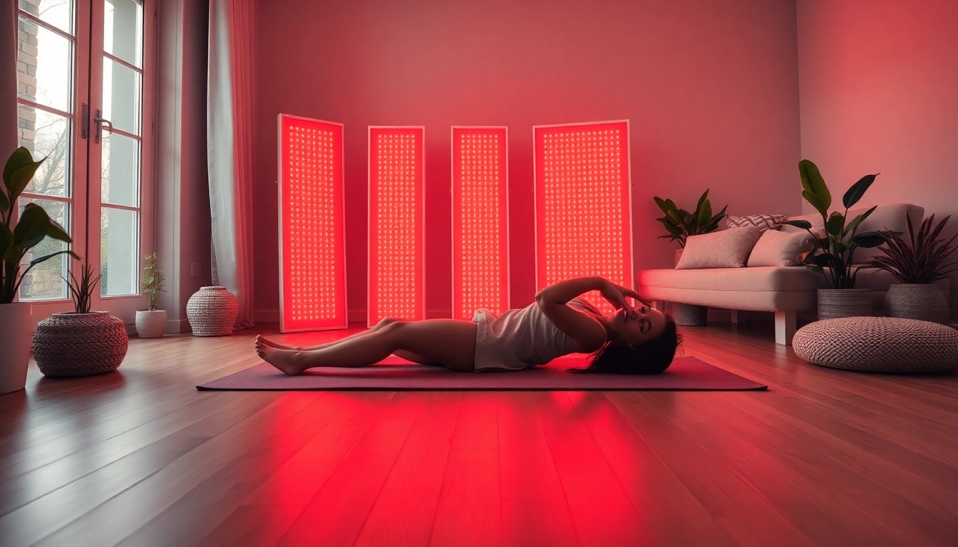 Experience full body red lighttherapy at home with soothing panels in a cozy environment.