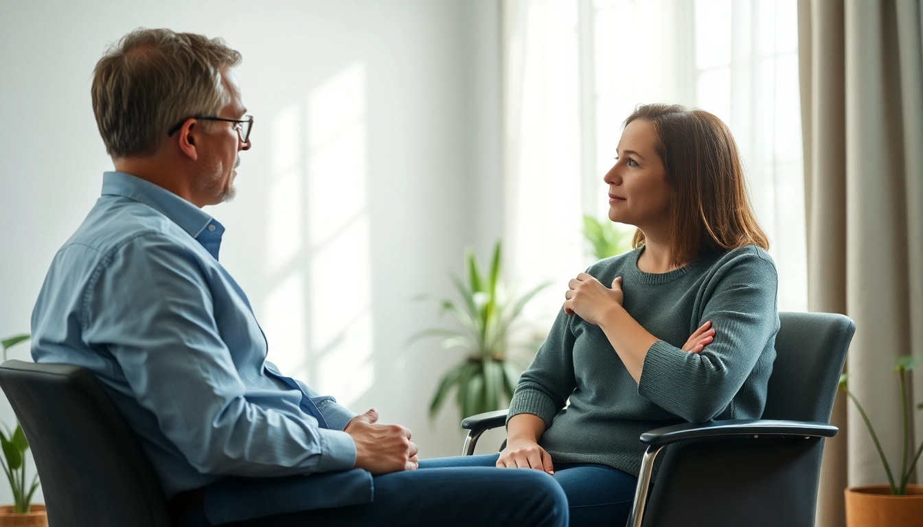 Therapist actively engaging with a client dealing with depression in a soothing, professional setting.