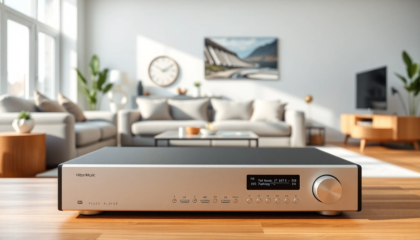 Engaging music hardware player showcased at https://hardwareplayer.com with modern aesthetics in a living room.