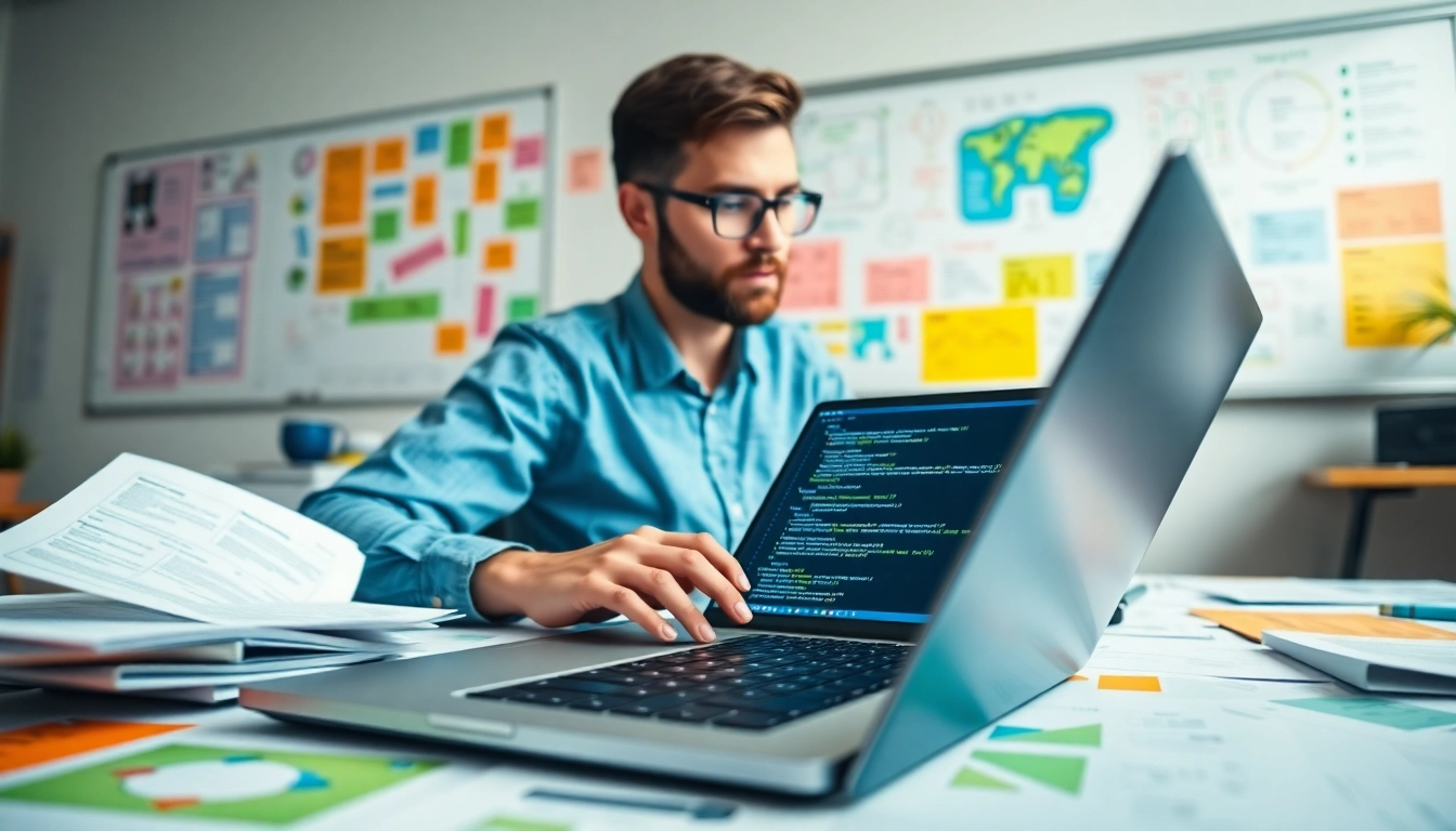 Engaged developer at the Best PHP course with projects, surrounded by code and project materials in a bright workspace.