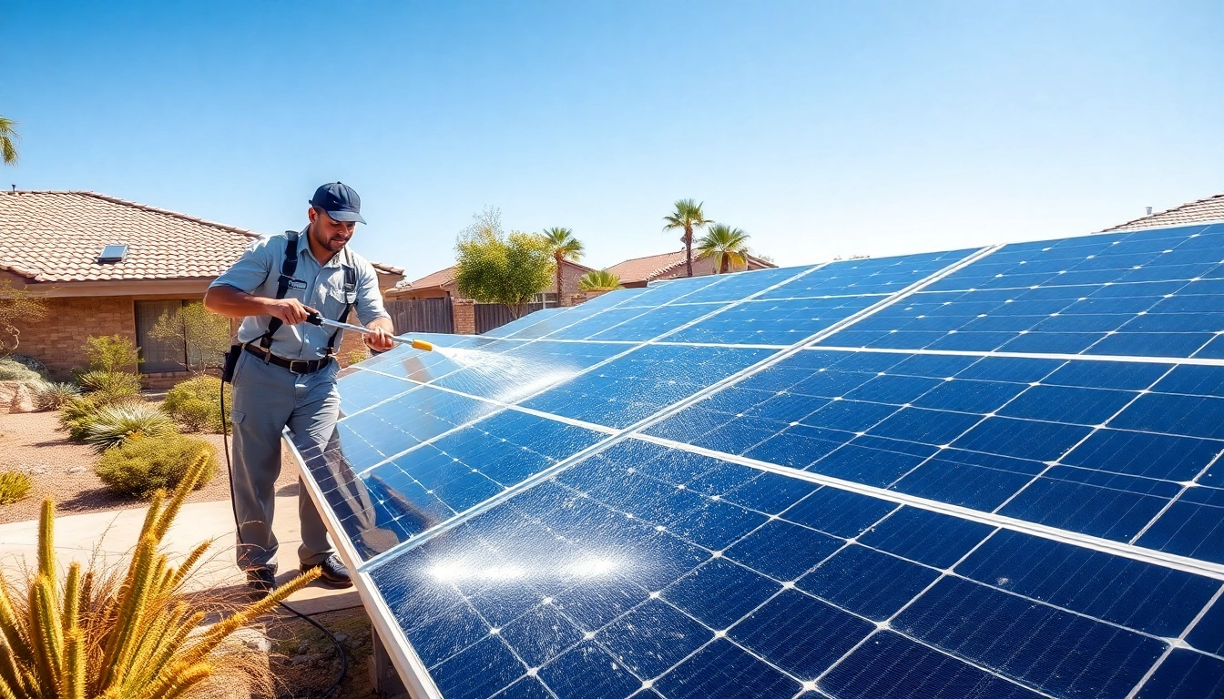 Clean technicians performing residential solar panel cleaning Phoenix in a sunny backyard setting.