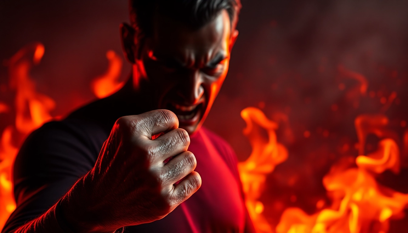 Conveying Anger through a dramatic representation of a clenched fist and fiery background.