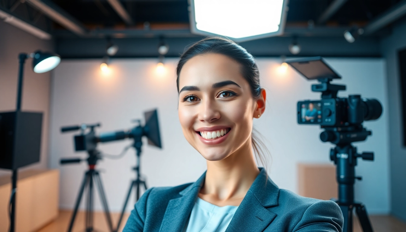 Professional Photographer capturing a vibrant portrait in a modern studio setting.