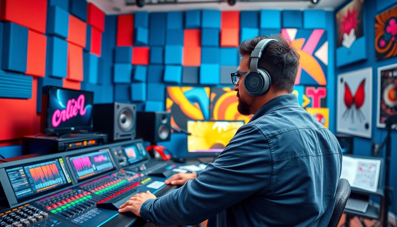 Download Free Presets & Samples in a vibrant music studio setting to elevate sound production.