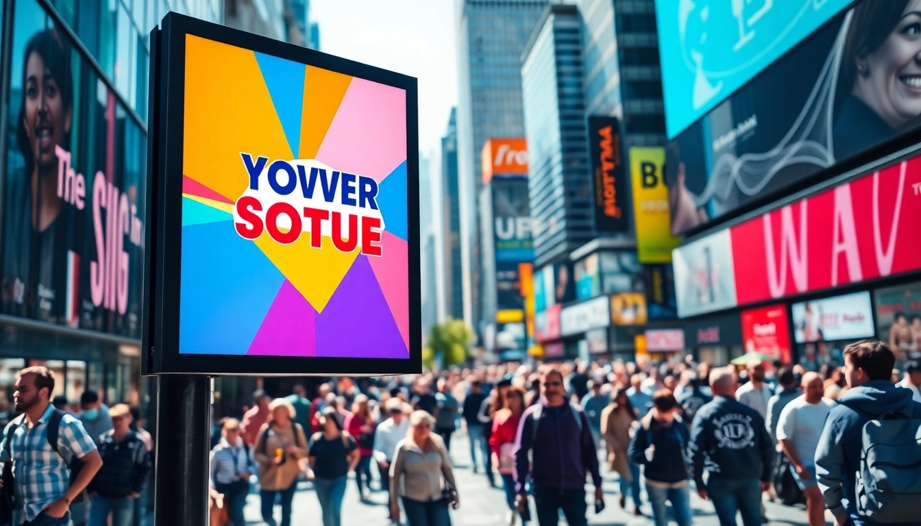 Showcase advertisement design on a digital billboard in an urban landscape, attracting city dwellers.