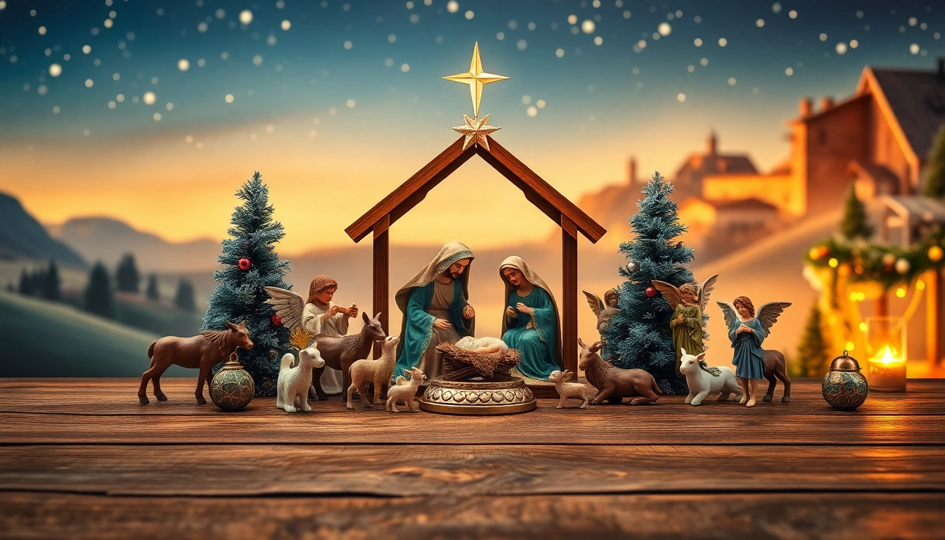 Beautifully arranged nativity sets showcasing the Holy Family in an inviting festive atmosphere.