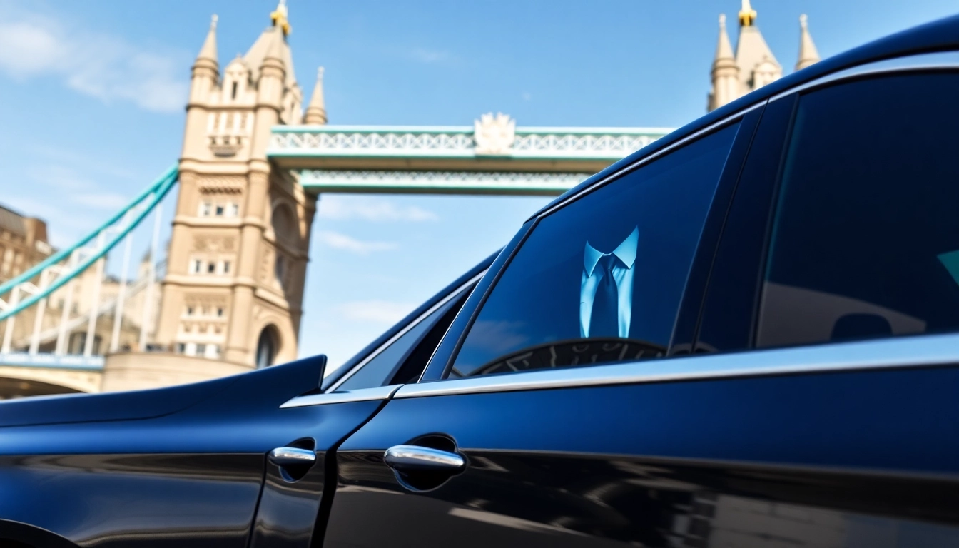 London chauffeur opening a luxury car door against a backdrop of Tower Bridge.