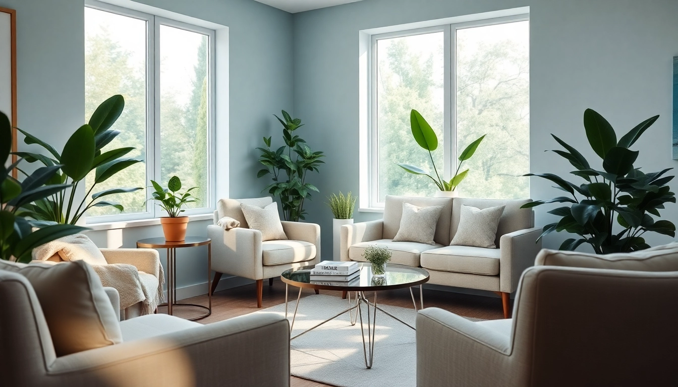 Healing trauma in a serene therapy room with soothing colors and natural light.